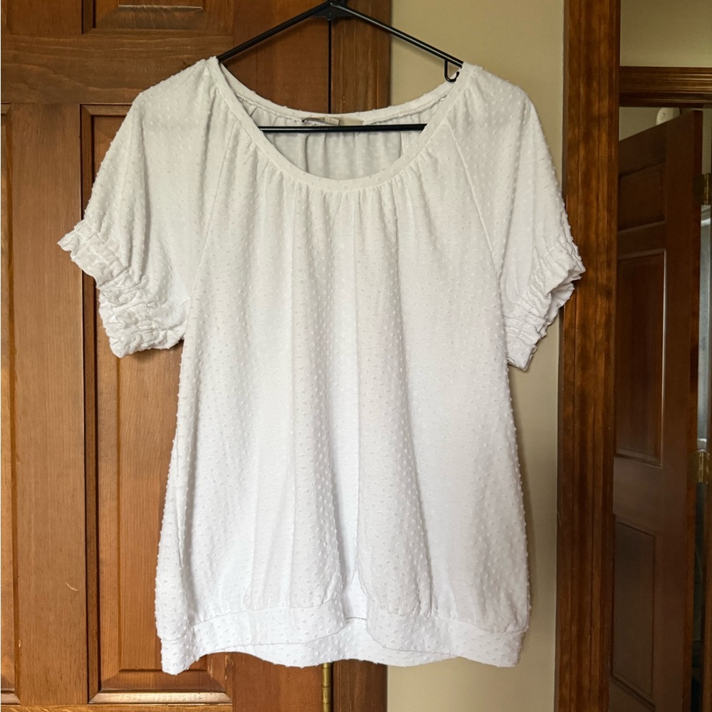 LOFT White Textured Short Sleeve Scoop Neck Top